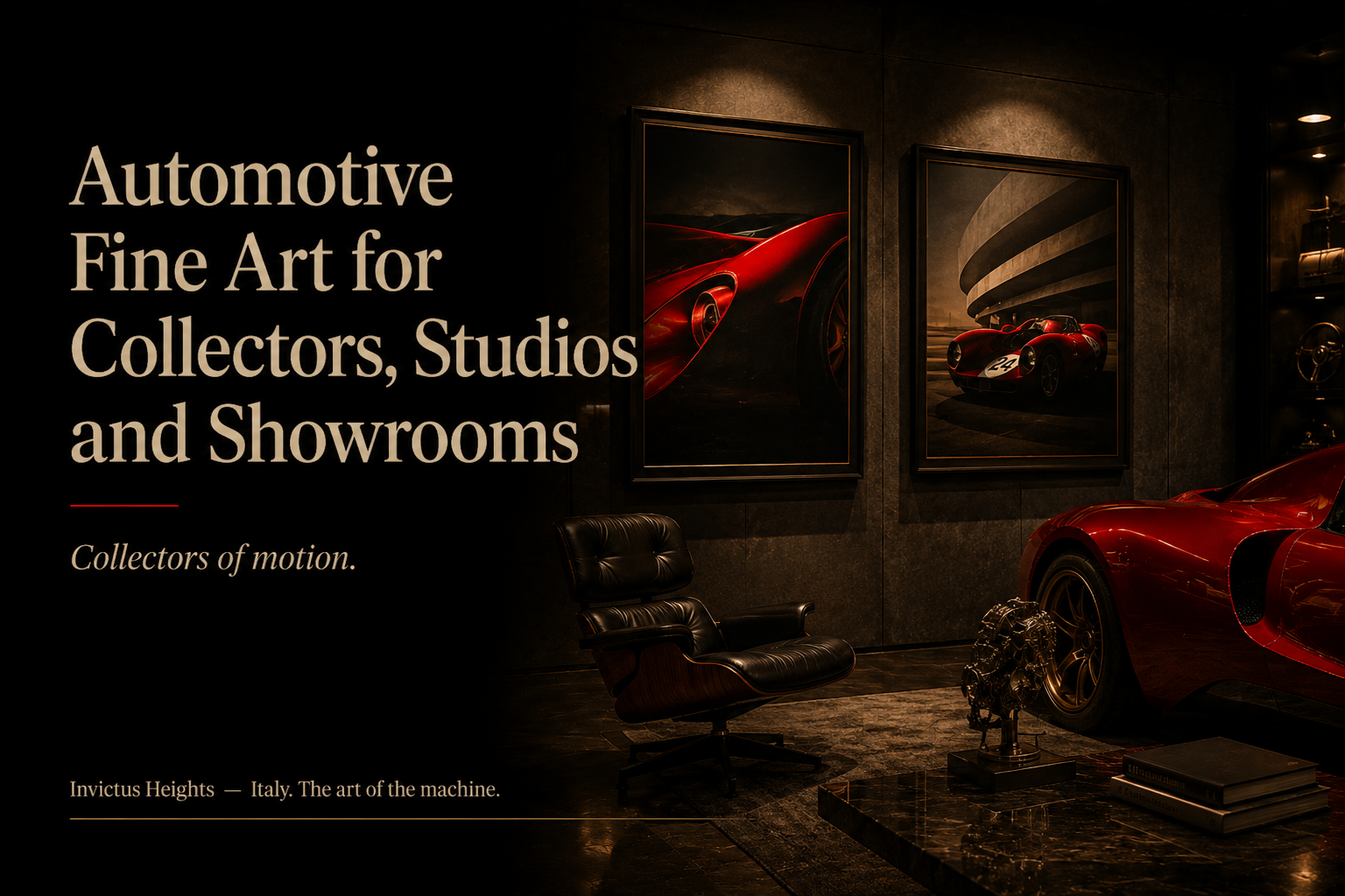 Editorial cover for Invictus Heights featuring the title “Automotive Fine Art for Collectors, Studios and Showrooms” alongside a luxury automotive art showroom scene, with the subtitle “Collectors of motion.”