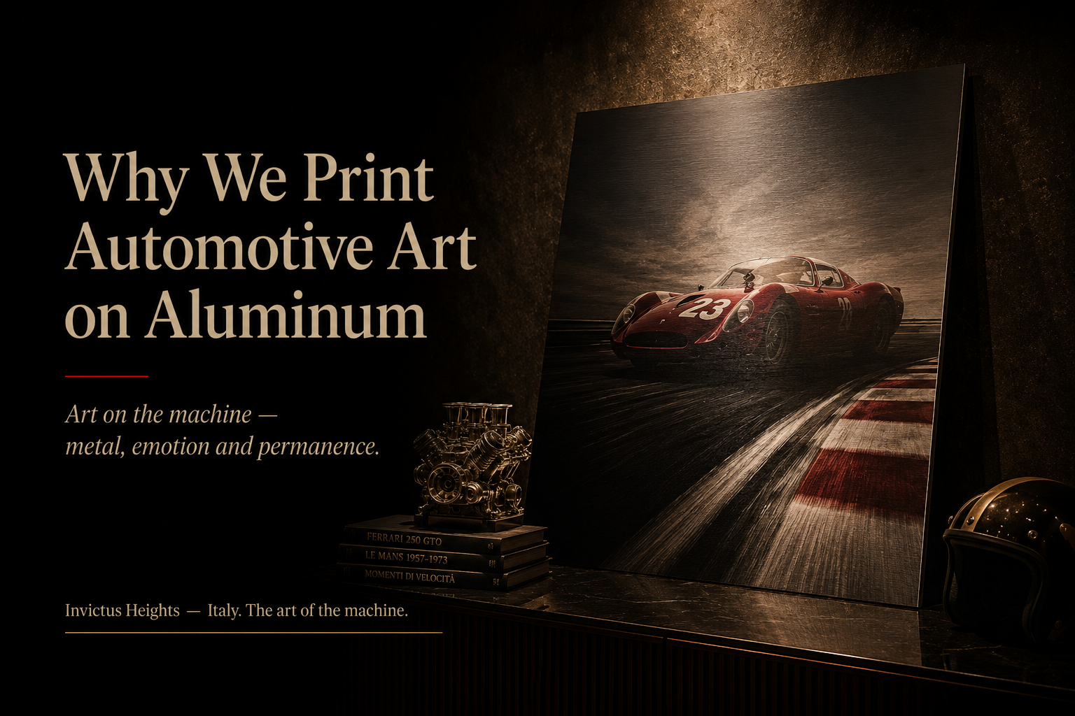 Editorial cover for “Why We Print Automotive Art on Aluminum,” featuring a large matte aluminum automotive print displayed in a refined interior setting, highlighting metal, permanence, and the sculptural presence of automotive art.