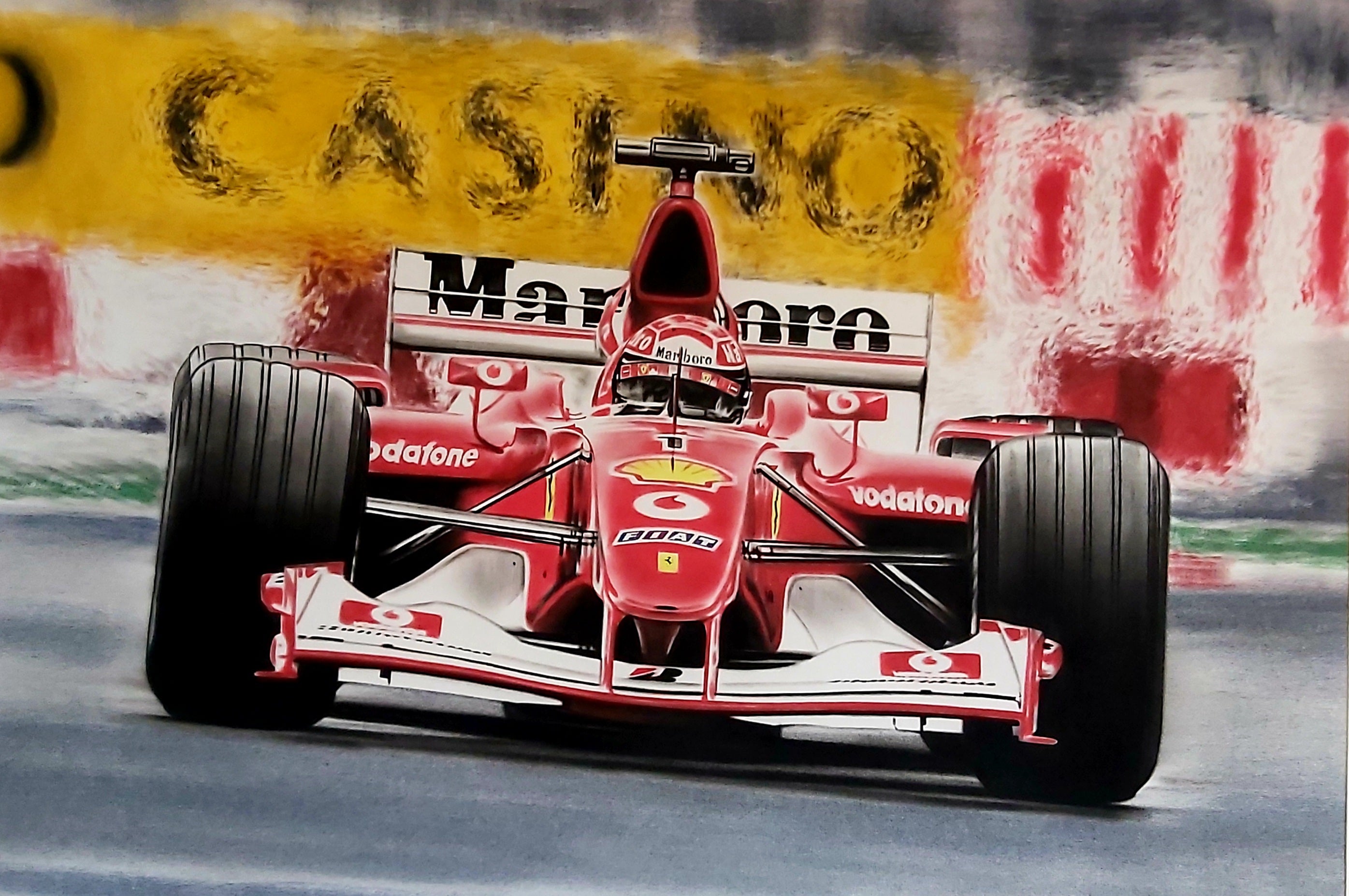 A painting of Michael Schumacher in a red Ferrari F2002 Formula 1 car in wet conditions.