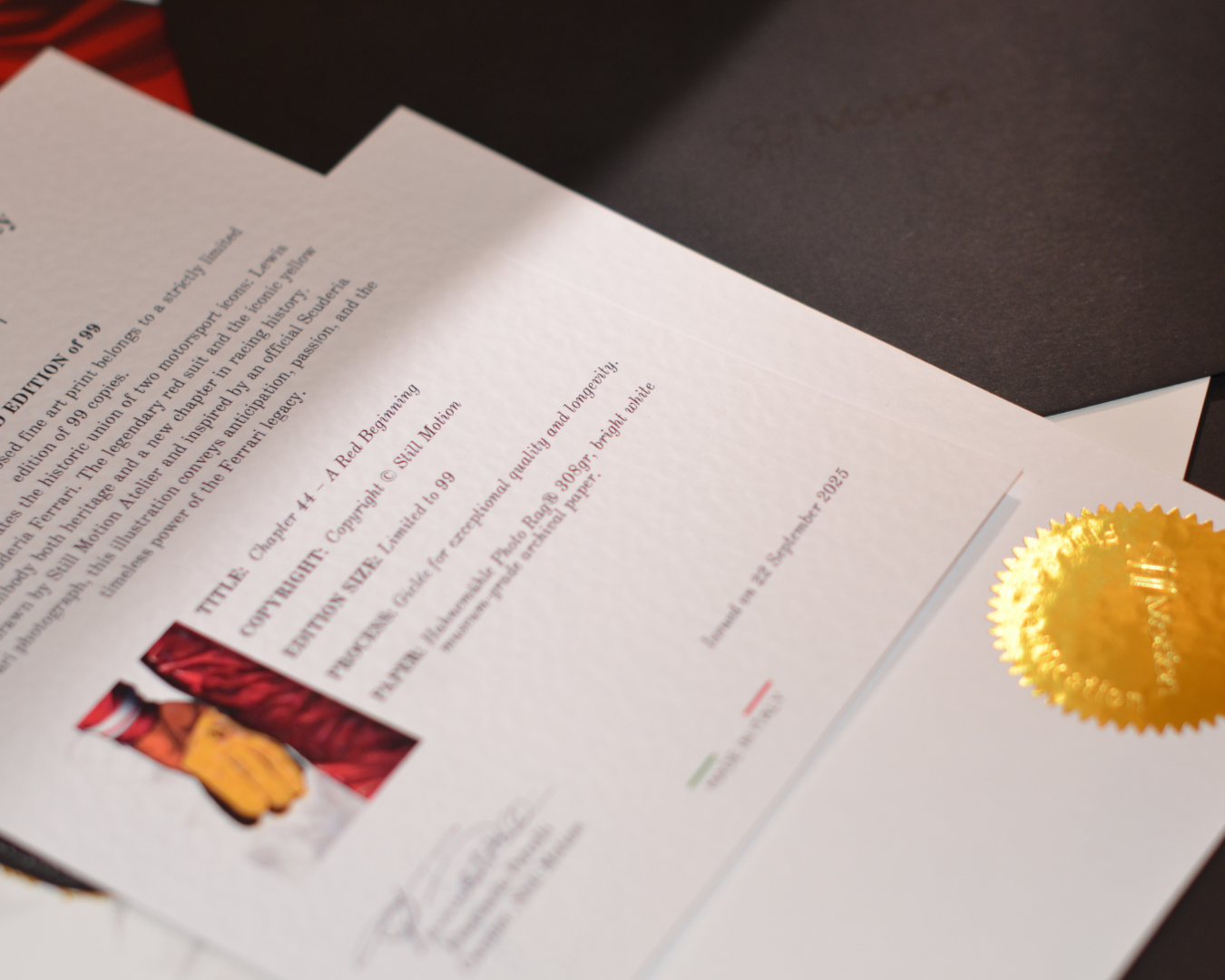 Certificate of Authenticity for Lewis Hamilton 44 The Yellow Glove limited edition illustration by Invictus Heights Still Motion
