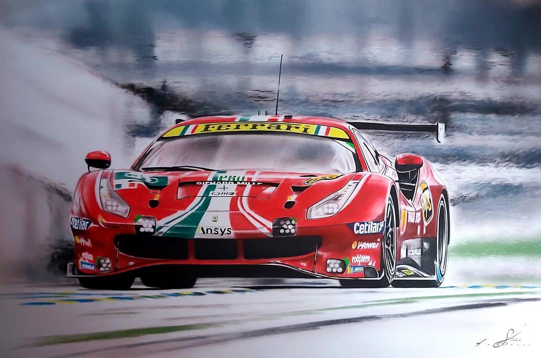 Painting of a red Ferrari 488 GTE race car