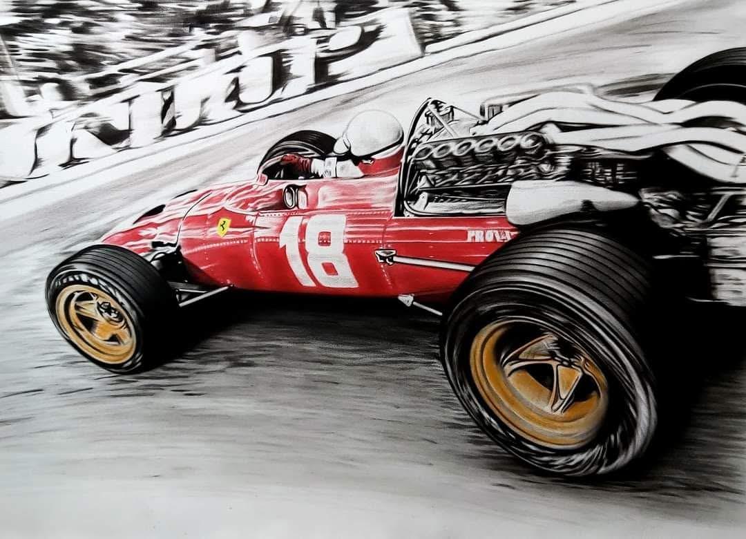 A vibrant digital painting of a red Ferrari 312 F1 race car with the number 18