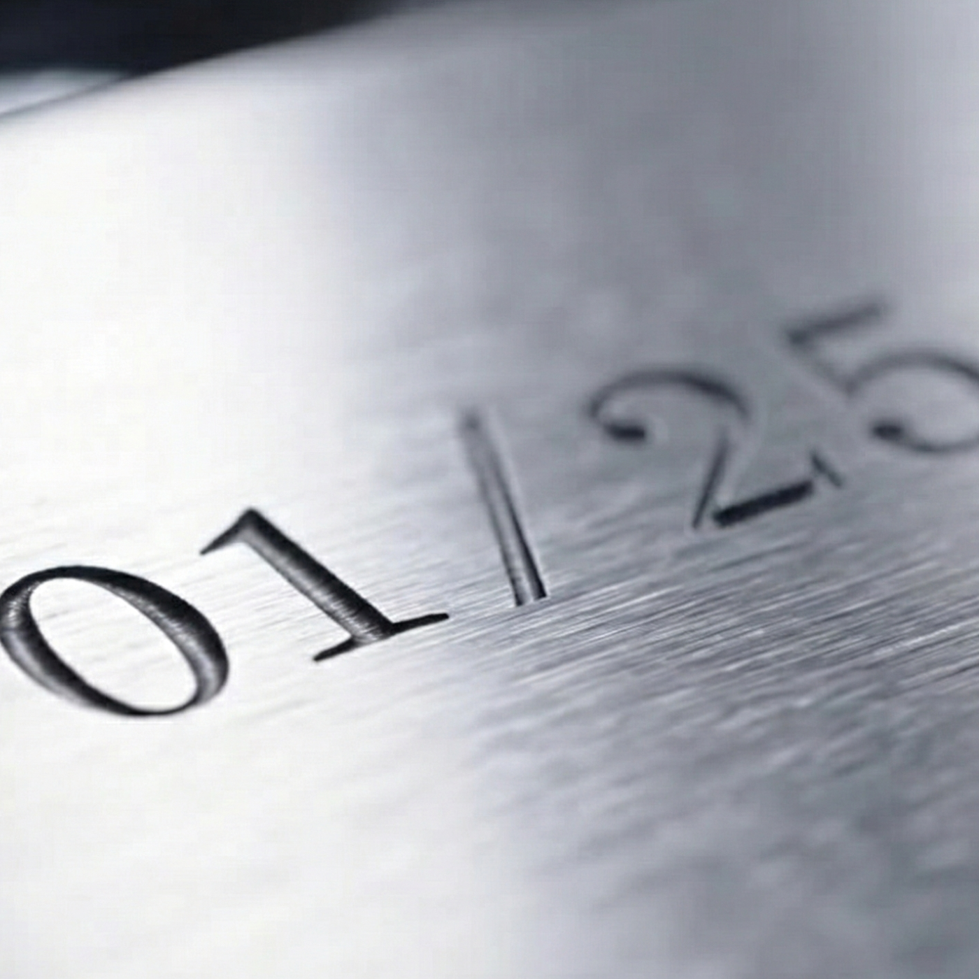 Close-up of '01/25' engraved on a brushed metallic surface