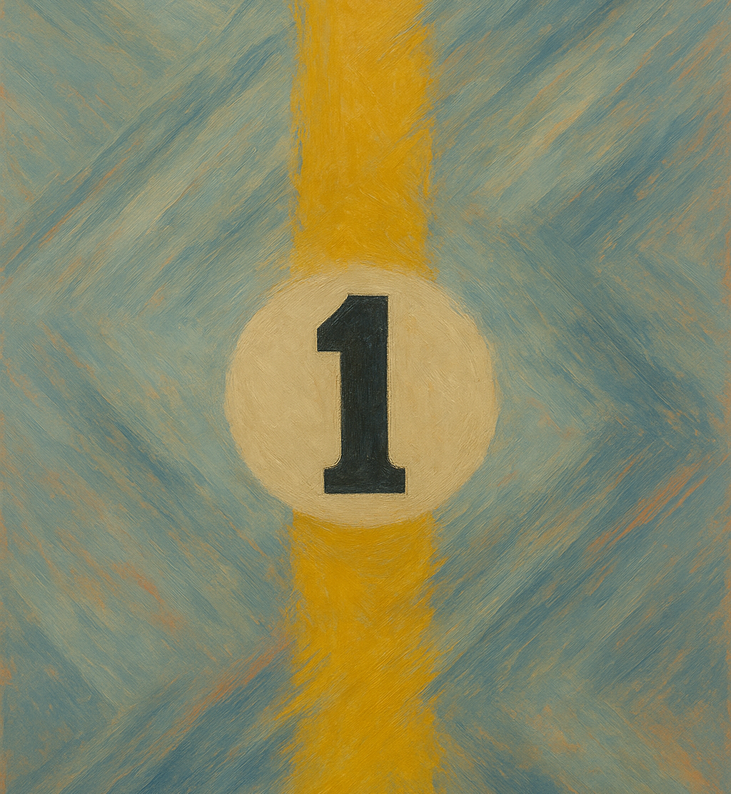 An abstract painting featuring a large black number '1' inside a circle