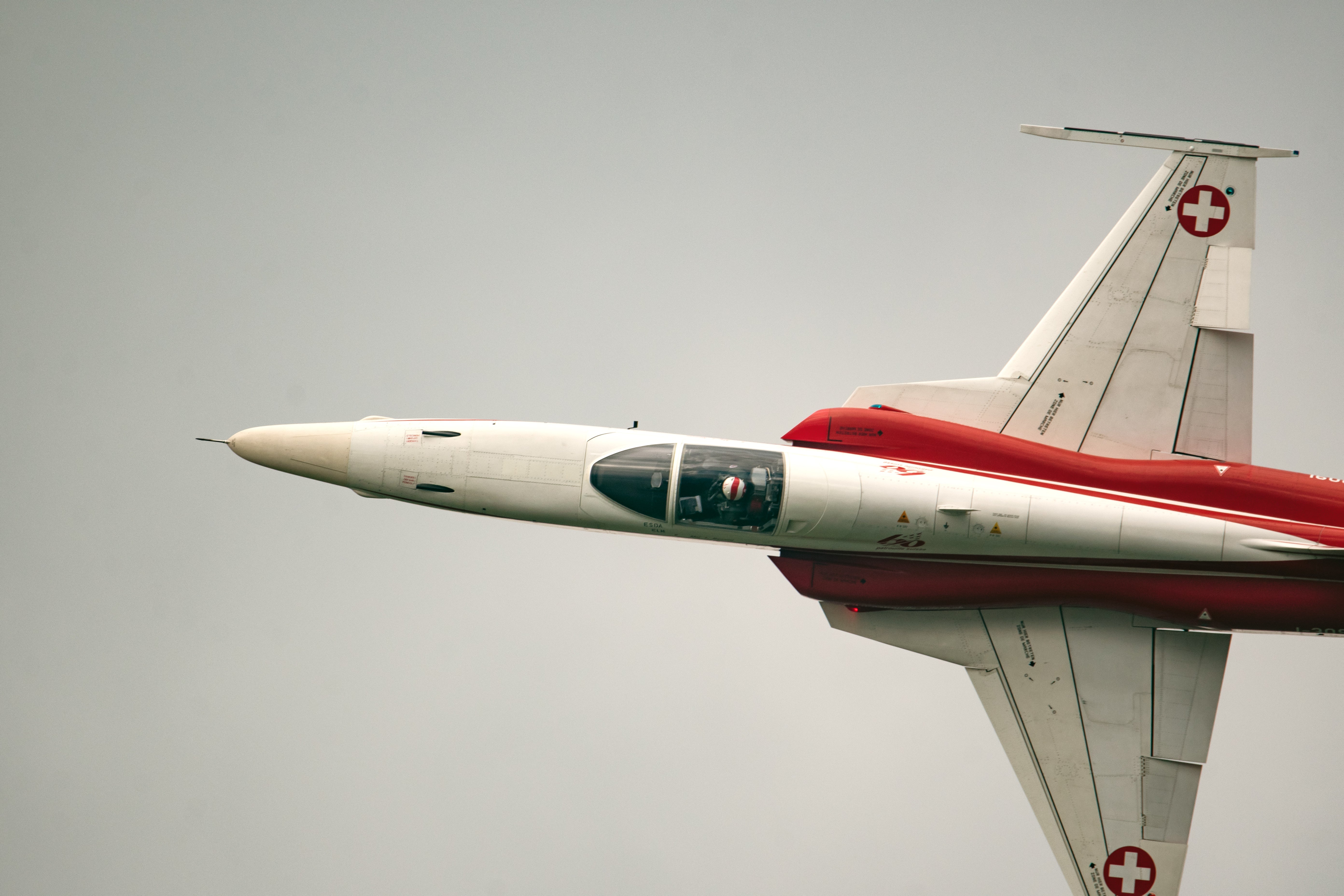 A close-up side view of a Northrop F-5E Tiger II fighter jet in flight
