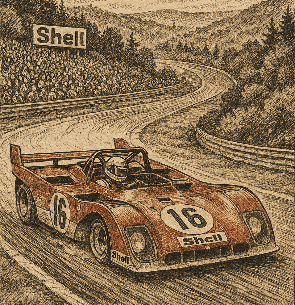 A detailed illustration of a red number 16 Ferrari 312 PB race car driving on a winding track with spectators and trees in the background.
