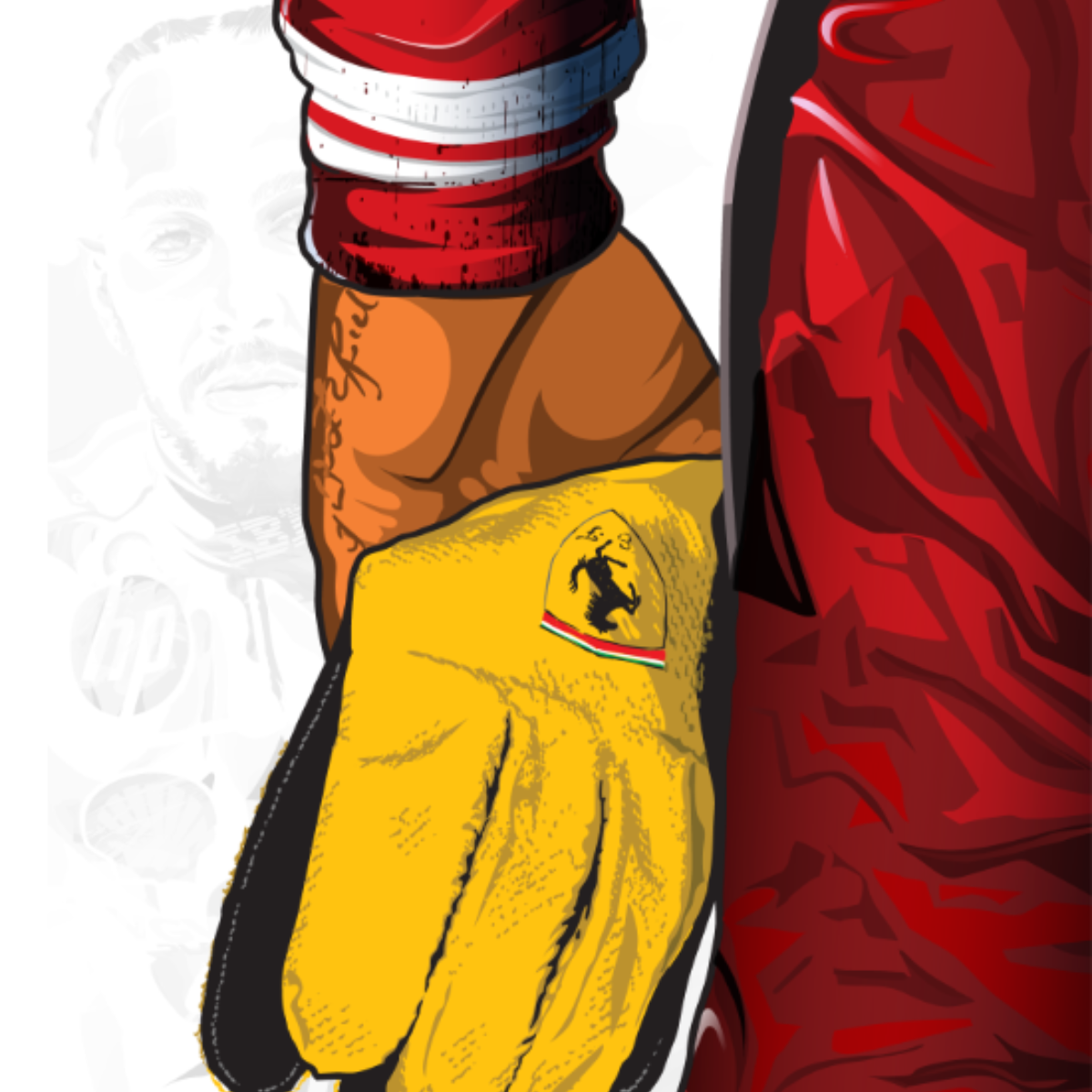 person wearing a red jacket and yellow Ferrari glove