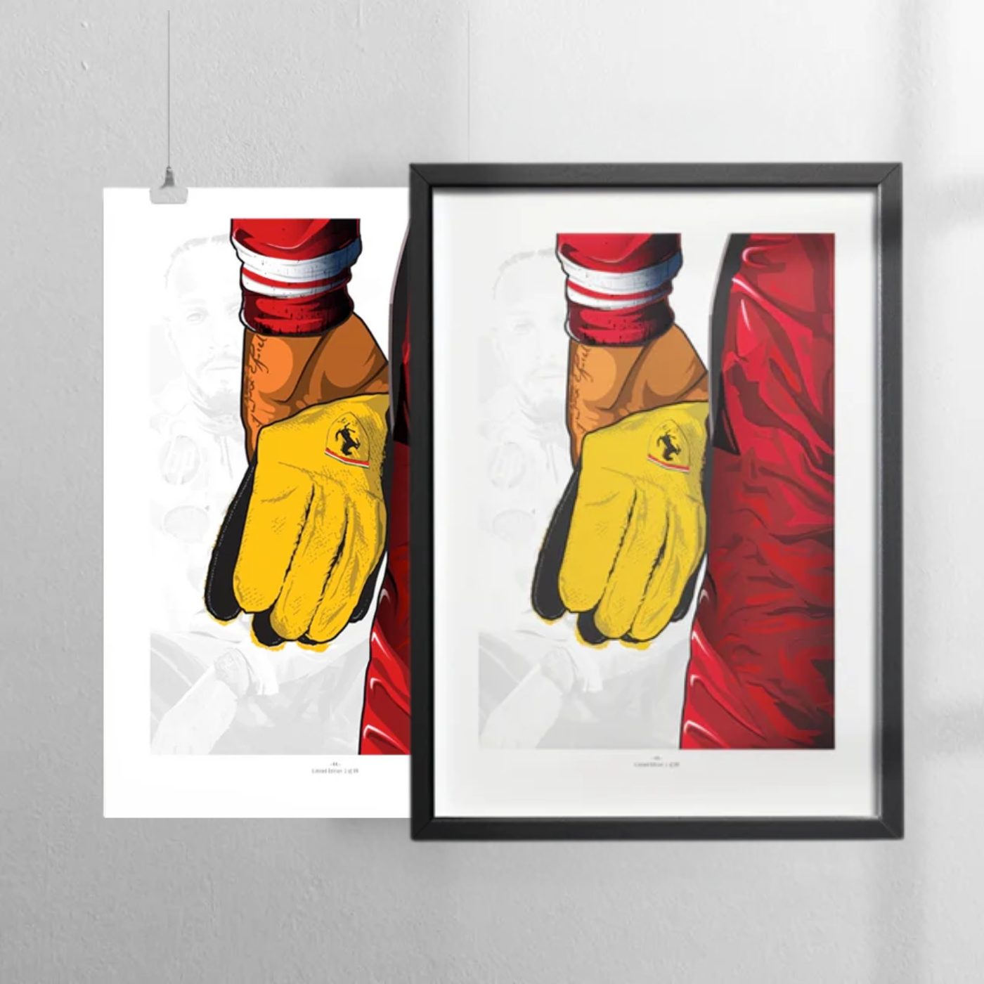 Limited edition Lewis Hamilton Ferrari glove artwork by Still Motion, shown unframed and in a black frame — hand-drawn digital illustration available as fine art print from Invictus Heights.