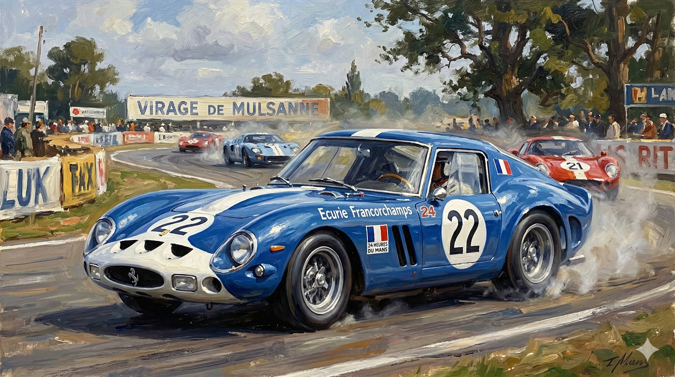 Blue and white striped Ferrari 250 GTO race car