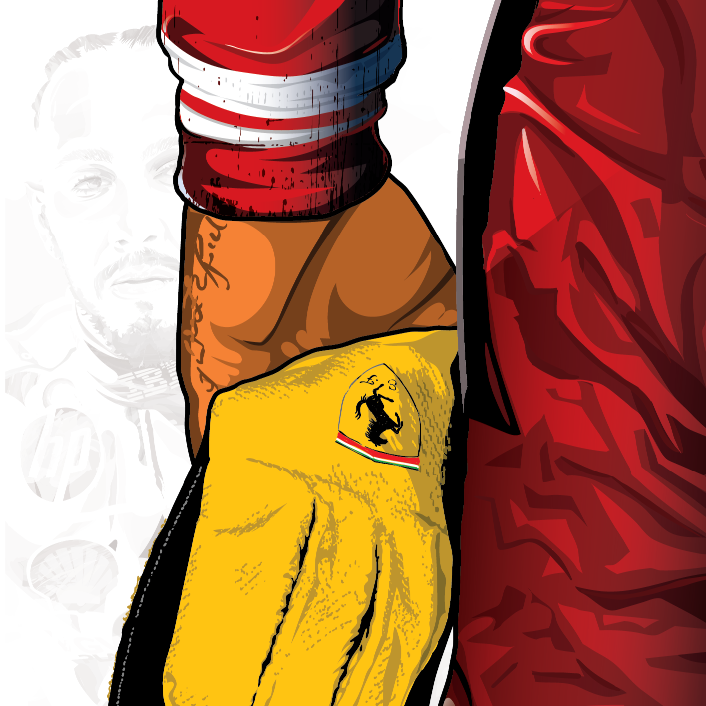 Detail of Lewis Hamilton yellow Ferrari racing glove illustration showing Prancing Horse emblem and pencil sketch texture