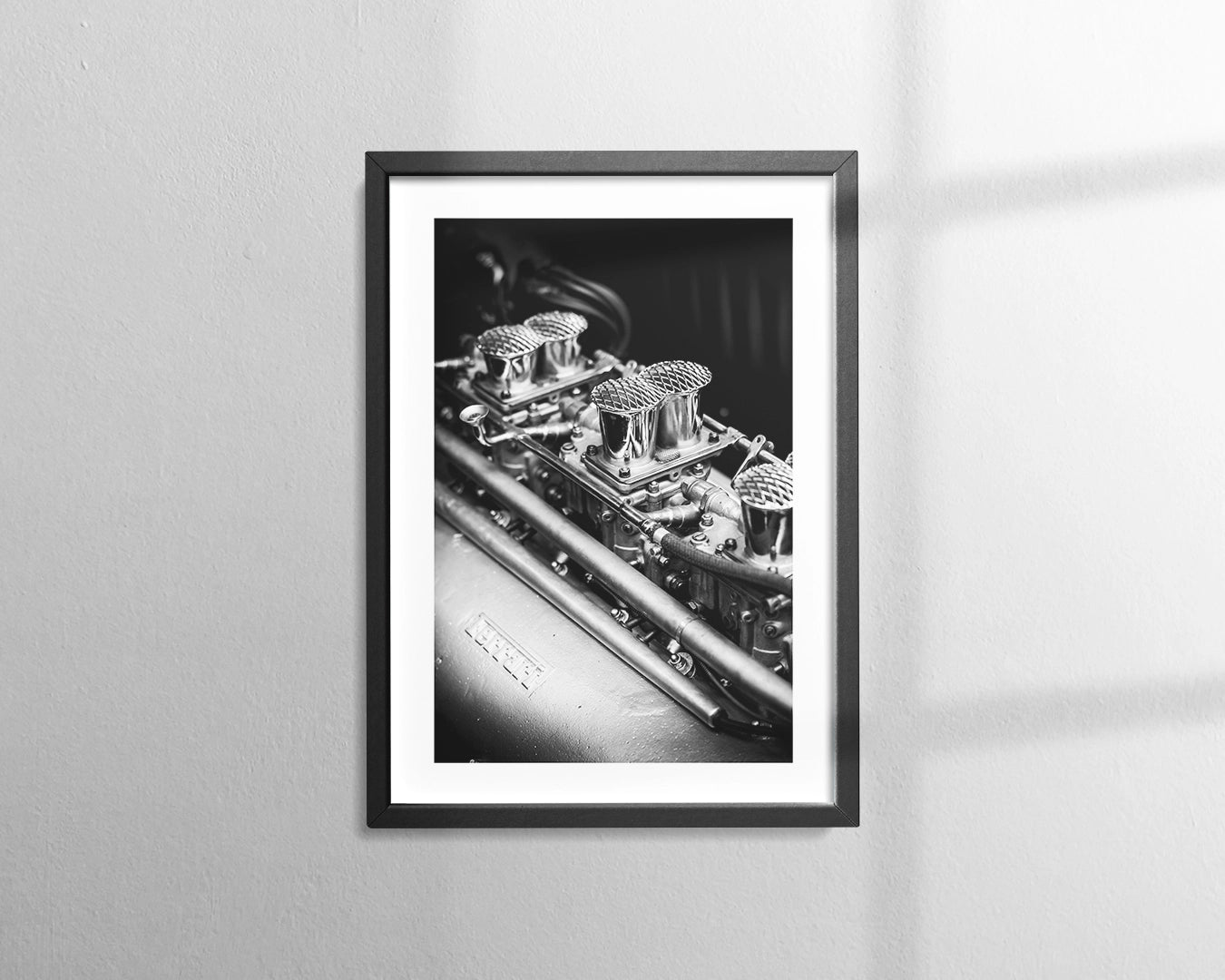 Ferrari 166 MM V12 engine 1948 fine art photograph in black frame with museum-grade paper and plexiglass glazing