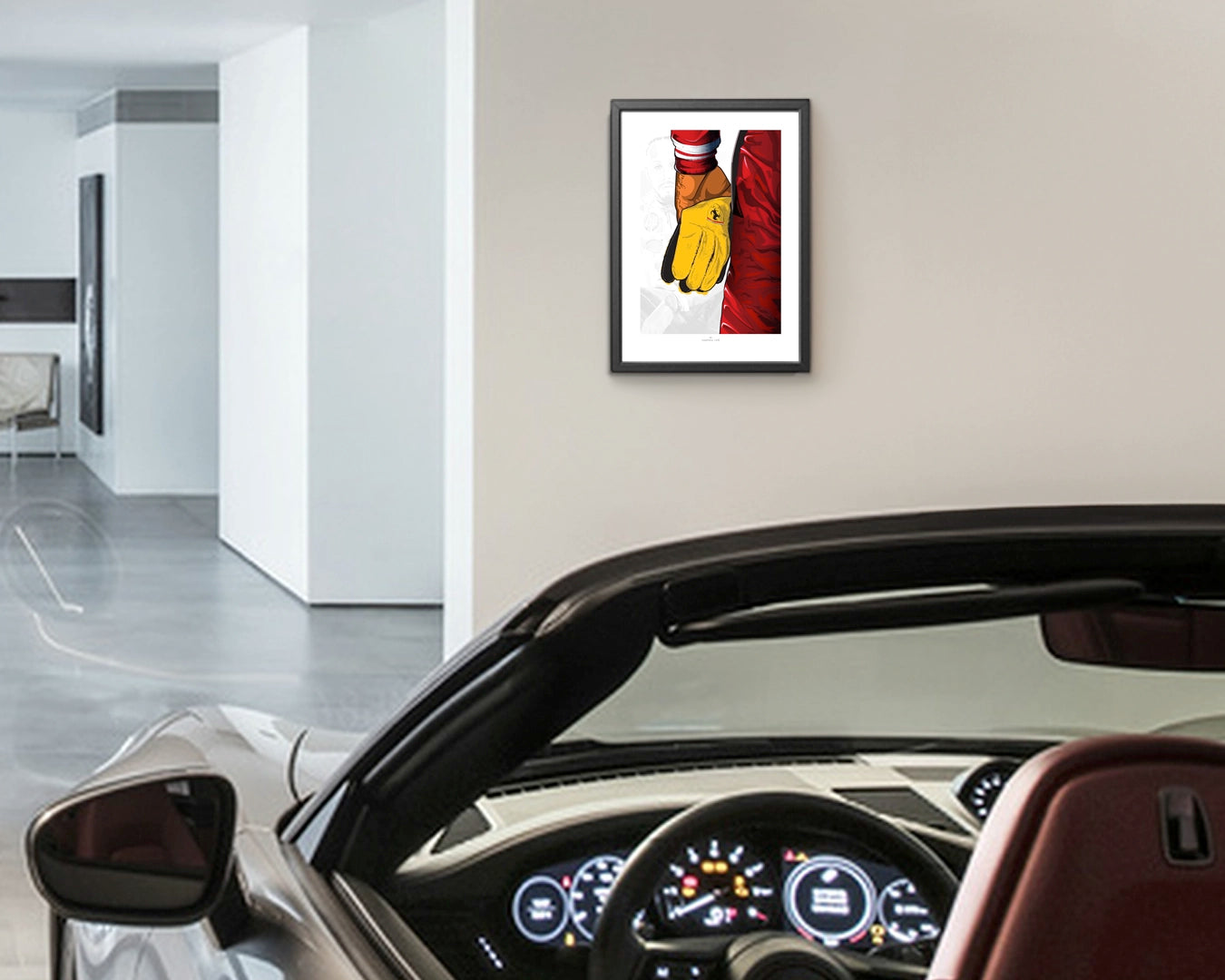 Lewis Hamilton 44 The Yellow Glove limited edition illustration in black gallery frame displayed at supercar dealer