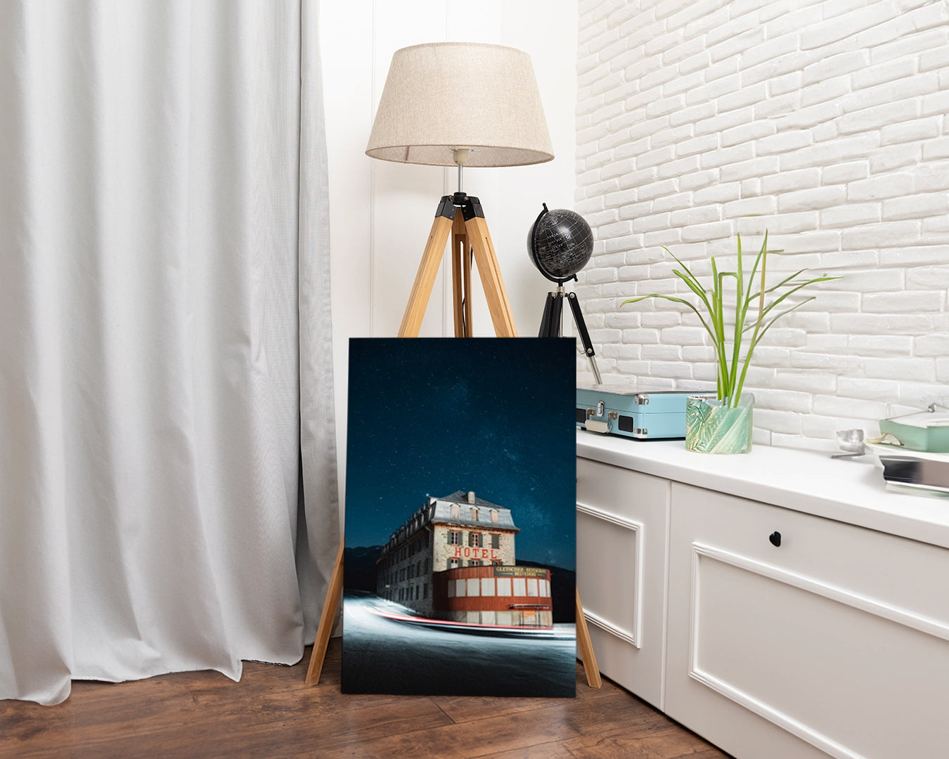 Hotel Belvédère Furka Pass limited edition archival aluminium print displayed leaning against wall in modern interior