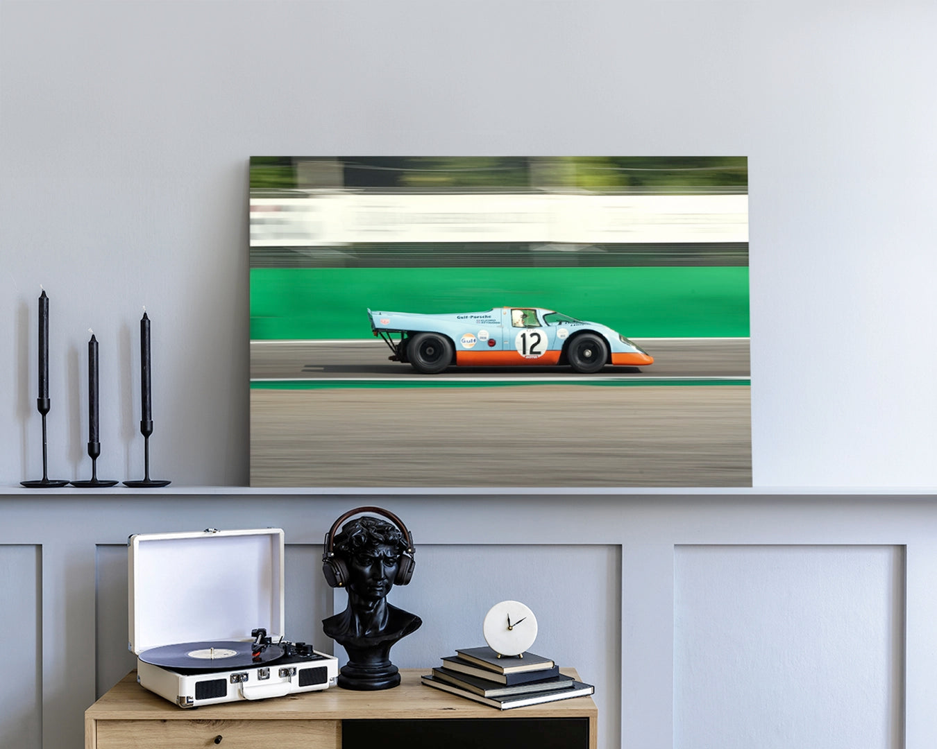 Porsche 917K Imola limited edition archival aluminium print displayed leaning against wall in modern interior