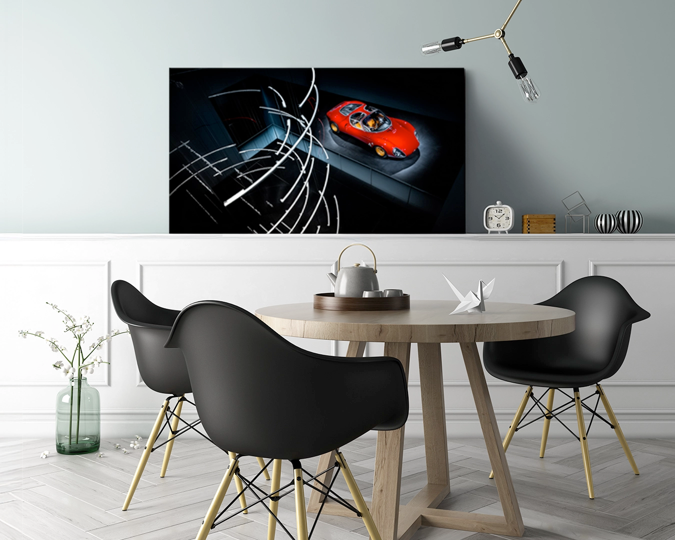Alfa Romeo 33 Stradale limited edition archival aluminium print displayed leaning against wall in modern interior