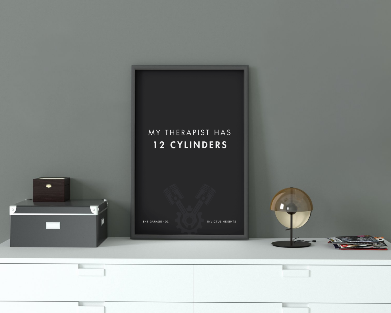 My Therapist Has 12 Cylinders automotive quote print black background V12 engine illustration by Invictus Heights.