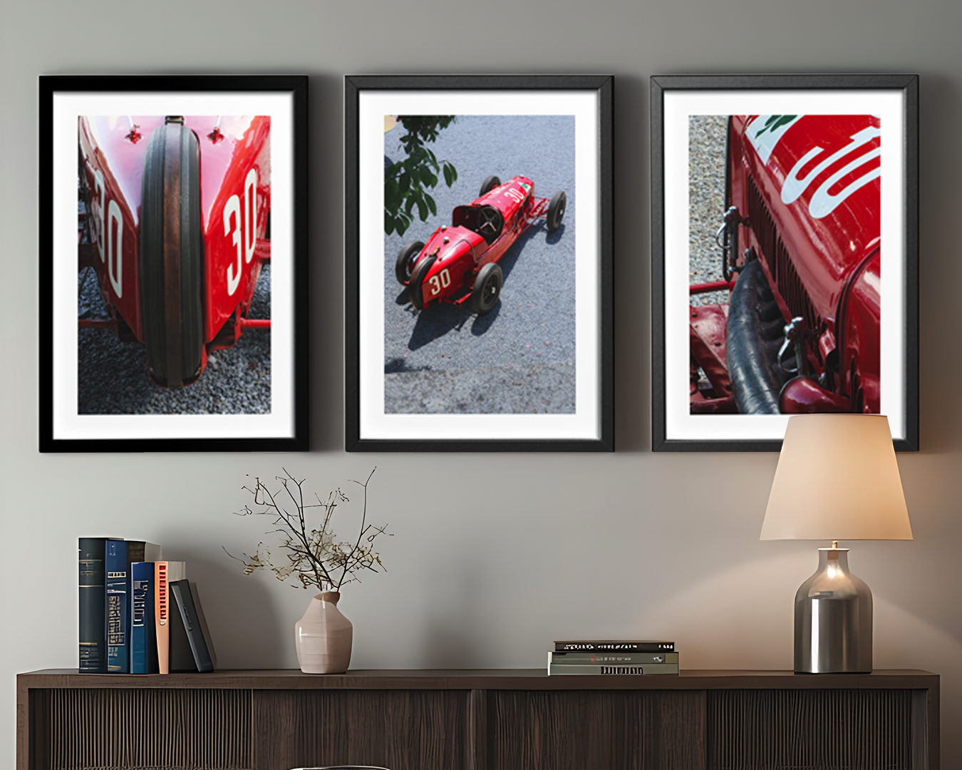 Three framed images of a vintage red Alfa Romeo P3 racing car with the number 30.