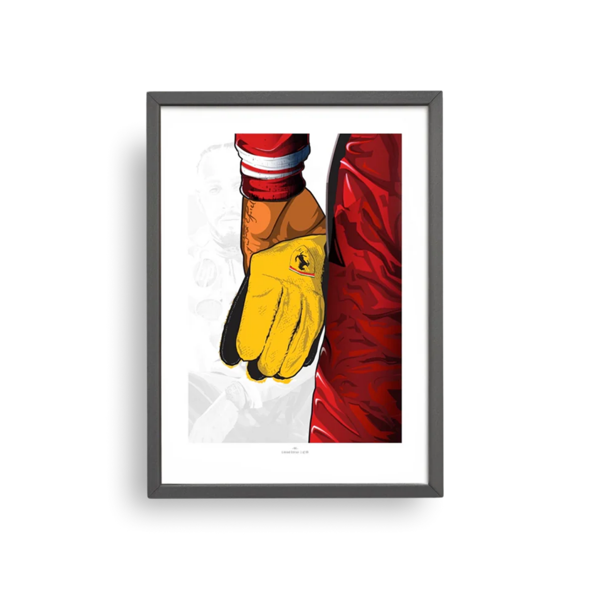 Exclusive Lewis Hamilton and Ferrari automotive art, a limited edition of 99 museum-quality prints by Invictus Heights.