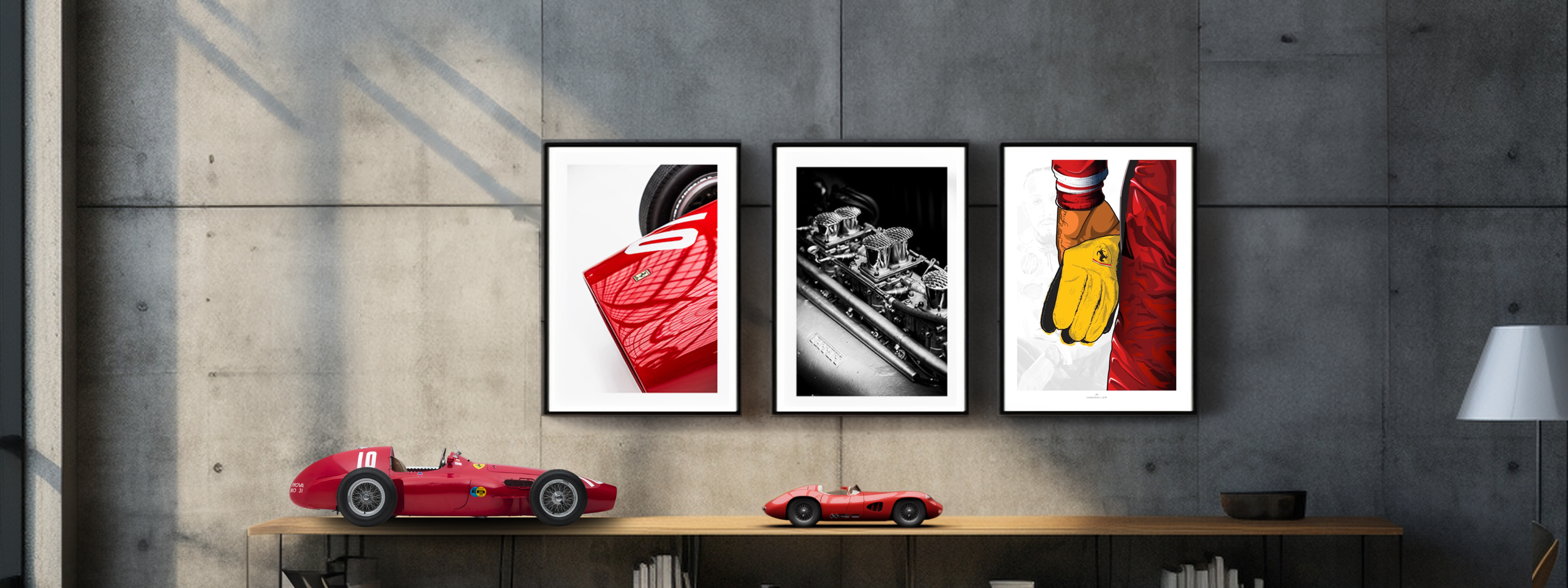 Signed and numbered Ferrari fine art prints, representing the Still Motion art line by Invictus Heights.