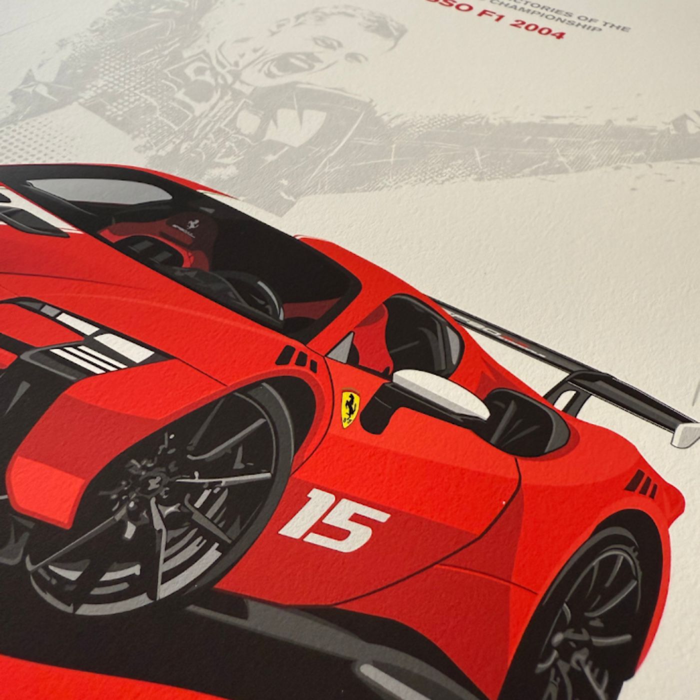 Detail view of a museum-grade Ferrari automotive art print by Still Motion, showcasing uncompromising illustration craft.