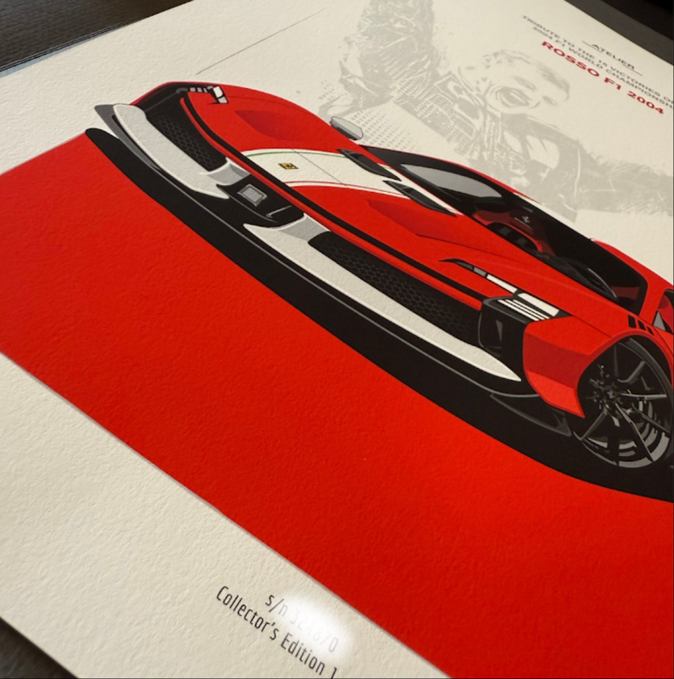 Close-up of a limited edition Still Motion fine art print featuring a custom Ferrari illustration.