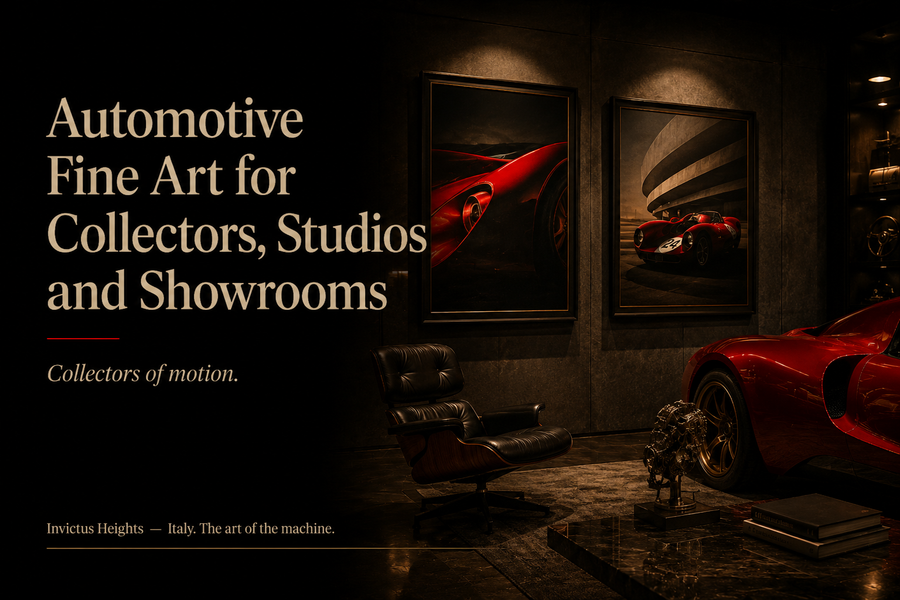 Editorial cover for Invictus Heights featuring the title “Automotive Fine Art for Collectors, Studios and Showrooms” alongside a luxury automotive art showroom scene, with the subtitle “Collectors of motion.”