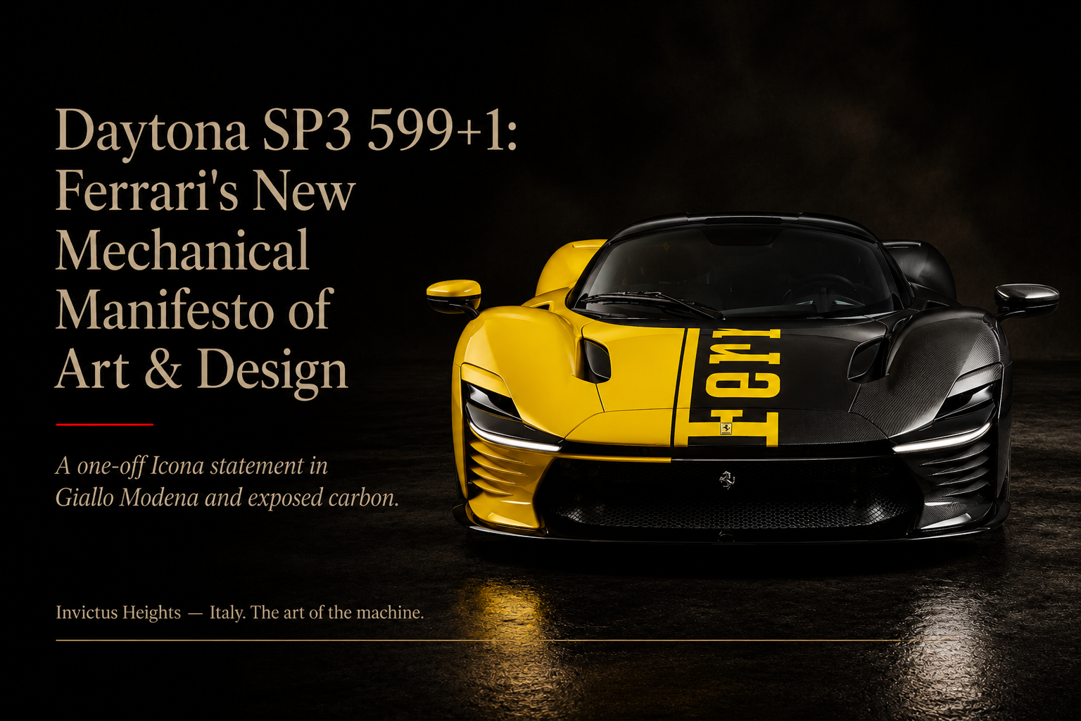 Editorial cover for “Daytona SP3 599+1,” featuring a yellow and exposed carbon Ferrari Daytona SP3 front view with the title “Ferrari’s New Mechanical Manifesto of Art & Design.