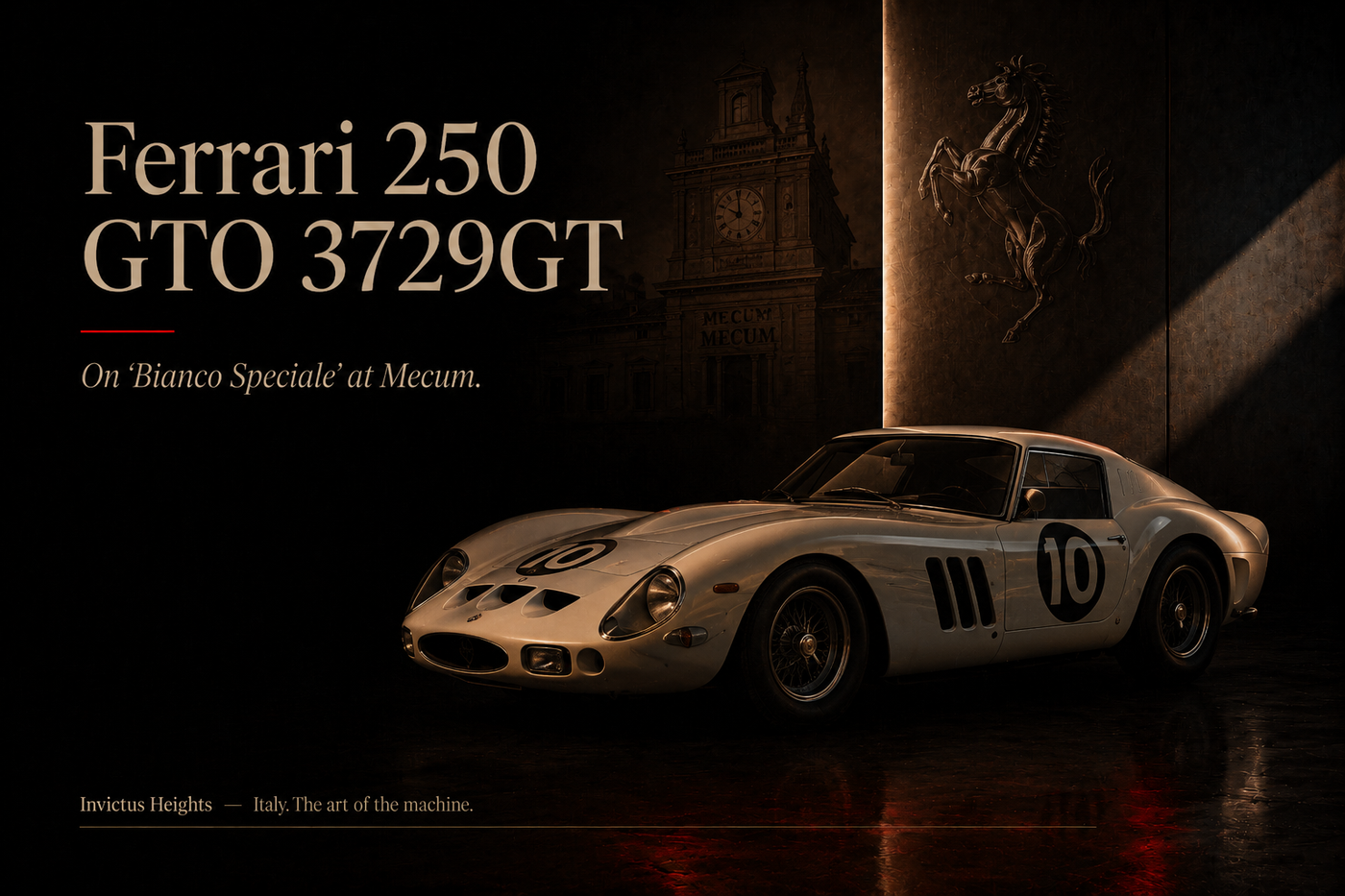 Dark editorial cover image featuring a white Ferrari 250 GTO-inspired classic car, with the title “Ferrari 250 GTO 3729GT” and subtitle “On Bianco Speciale at Mecum.”