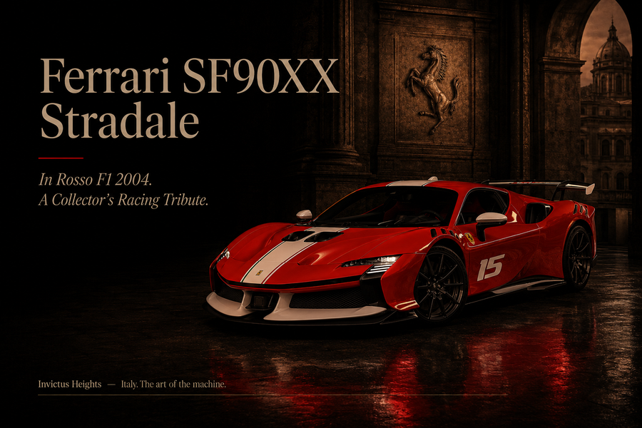 Dark editorial cover image featuring a Ferrari SF90XX Stradale in Rosso F1 2004, with the title “Ferrari SF90XX Stradale” and subtitle “A Collector’s Racing Tribute.”