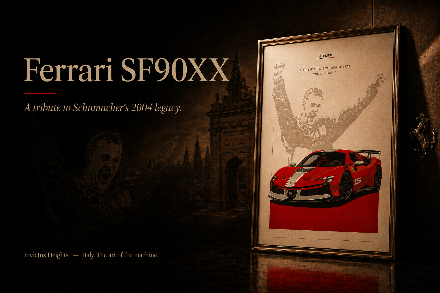 Dark editorial cover image featuring a framed Ferrari SF90XX artwork inspired by Michael Schumacher’s 2004 legacy, with the title “Ferrari SF90XX” and the subtitle “A tribute to Schumacher’s 2004 legacy.”
