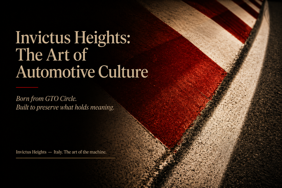 Dark editorial cover image showing a red and white racing kerb with the title “Invictus Heights: The Art of Automotive Culture.”