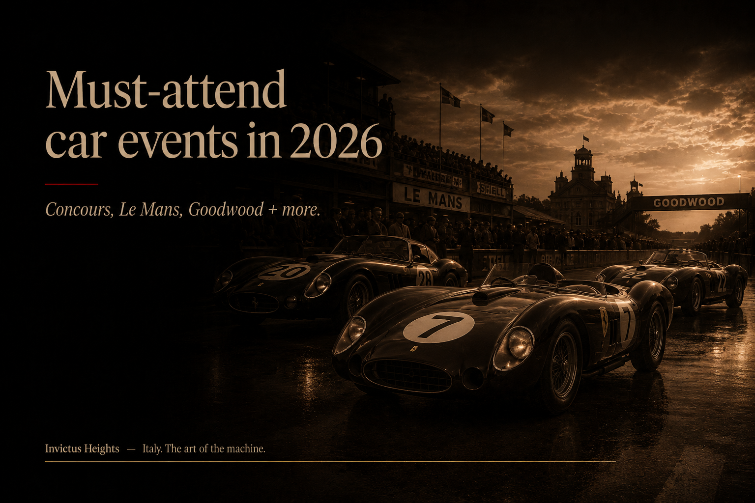 Dark editorial cover image with classic racing cars at a historic motorsport event, featuring the title “Must-attend car events in 2026” and references to Concours, Le Mans, and Goodwood.