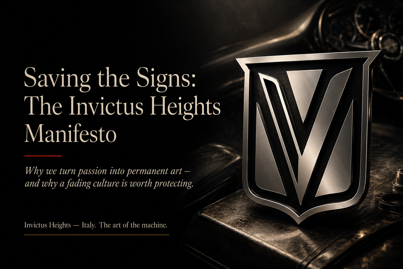 Editorial cover for “Saving the Signs: The Invictus Heights Manifesto,” featuring the Invictus Heights crest in a dark metallic automotive setting, with text about preserving fading automotive culture through permanent art.