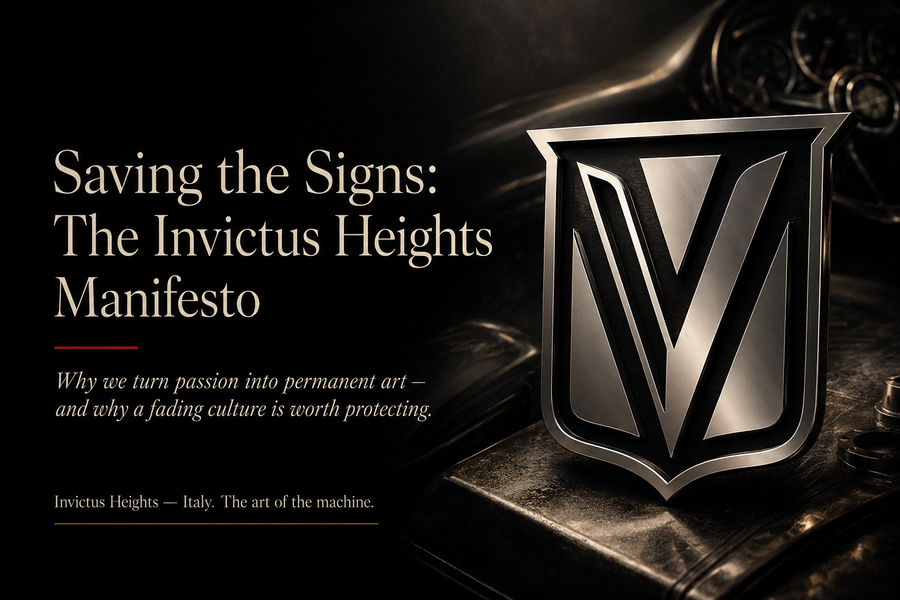 Editorial cover for “Saving the Signs: The Invictus Heights Manifesto,” featuring the Invictus Heights crest in a dark metallic automotive setting, with text about preserving fading automotive culture through permanent art.