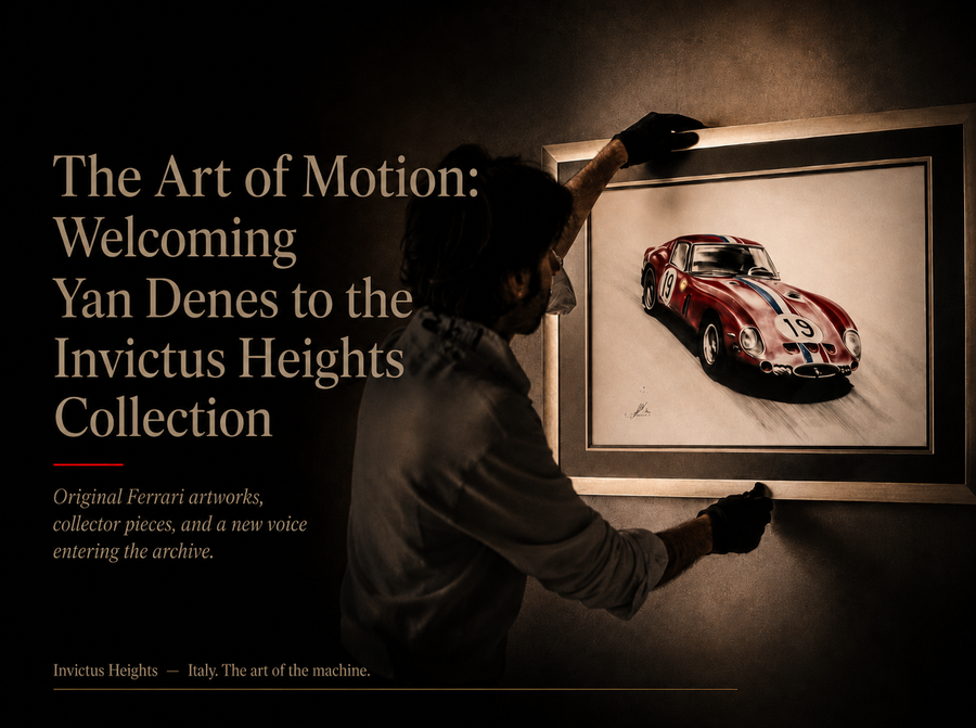 Dark editorial cover image showing a framed Ferrari artwork being placed on a wall, with the title “The Art of Motion: Welcoming Yan Denes to the Invictus Heights Collection.”