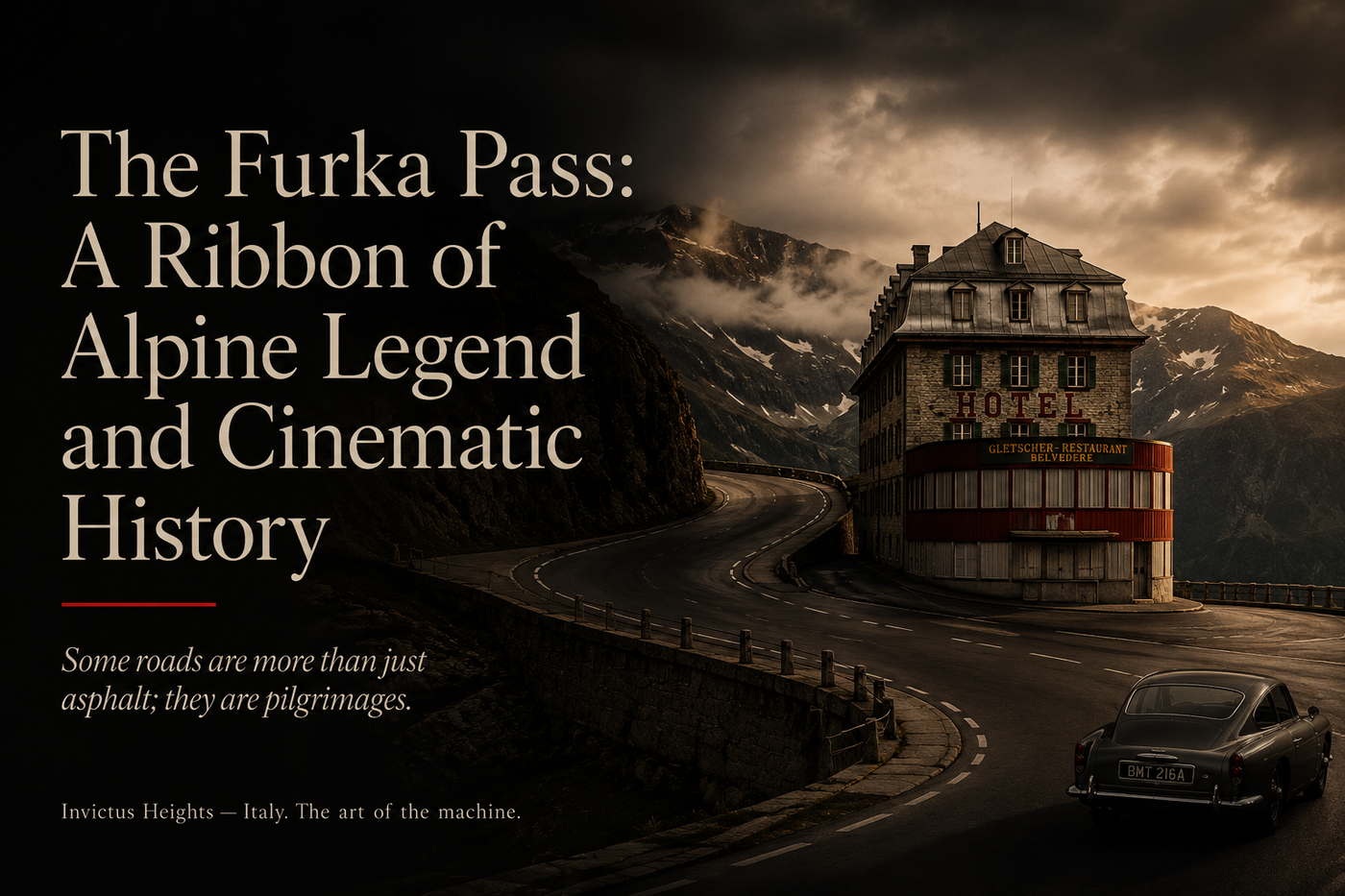 Dark editorial cover image showing the Furka Pass, the historic Belvedere Hotel, a winding alpine road, and the title “The Furka Pass: A Ribbon of Alpine Legend and Cinematic History.”
