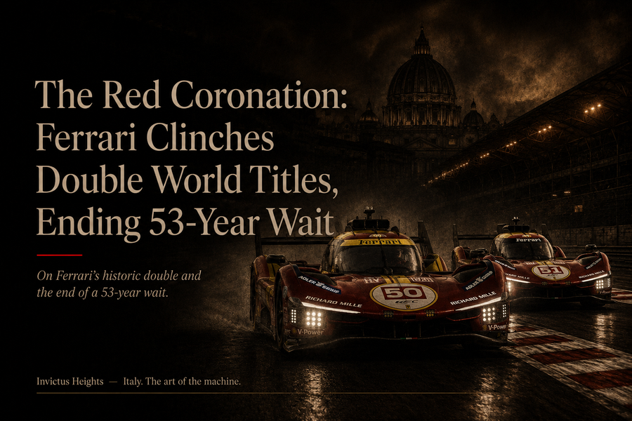 Dark editorial cover image showing two Ferrari endurance race cars on track, with the title “The Red Coronation: Ferrari Clinches Double World Titles, Ending 53-Year Wait.”