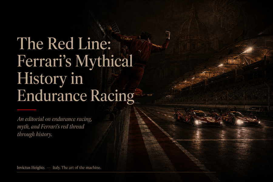 Dark editorial cover image showing Ferrari endurance race cars on a night circuit, with pit crew celebrating and the title “The Red Line: Ferrari’s Mythical History in Endurance Racing.”