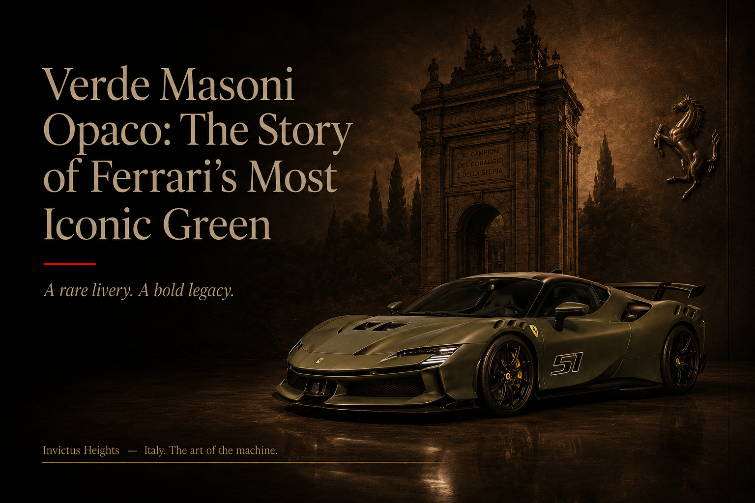 Editorial cover image featuring a Ferrari SF90XX Stradale in matte Verde Masoni Opaco, set against a dark atmospheric background with elegant serif typography.