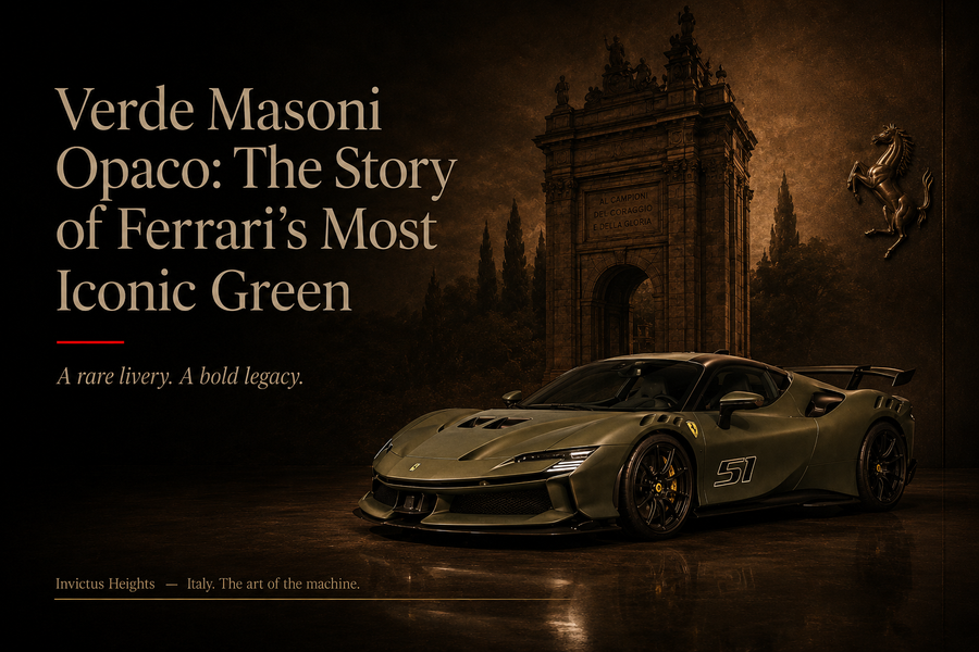 Editorial cover image featuring a Ferrari SF90XX Stradale in matte Verde Masoni Opaco, set against a dark atmospheric background with elegant serif typography.