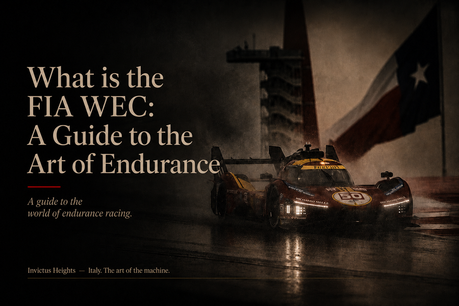 Dark editorial cover image showing a Ferrari endurance prototype racing in heavy rain, with the title “What is the FIA WEC: A Guide to the Art of Endurance.”