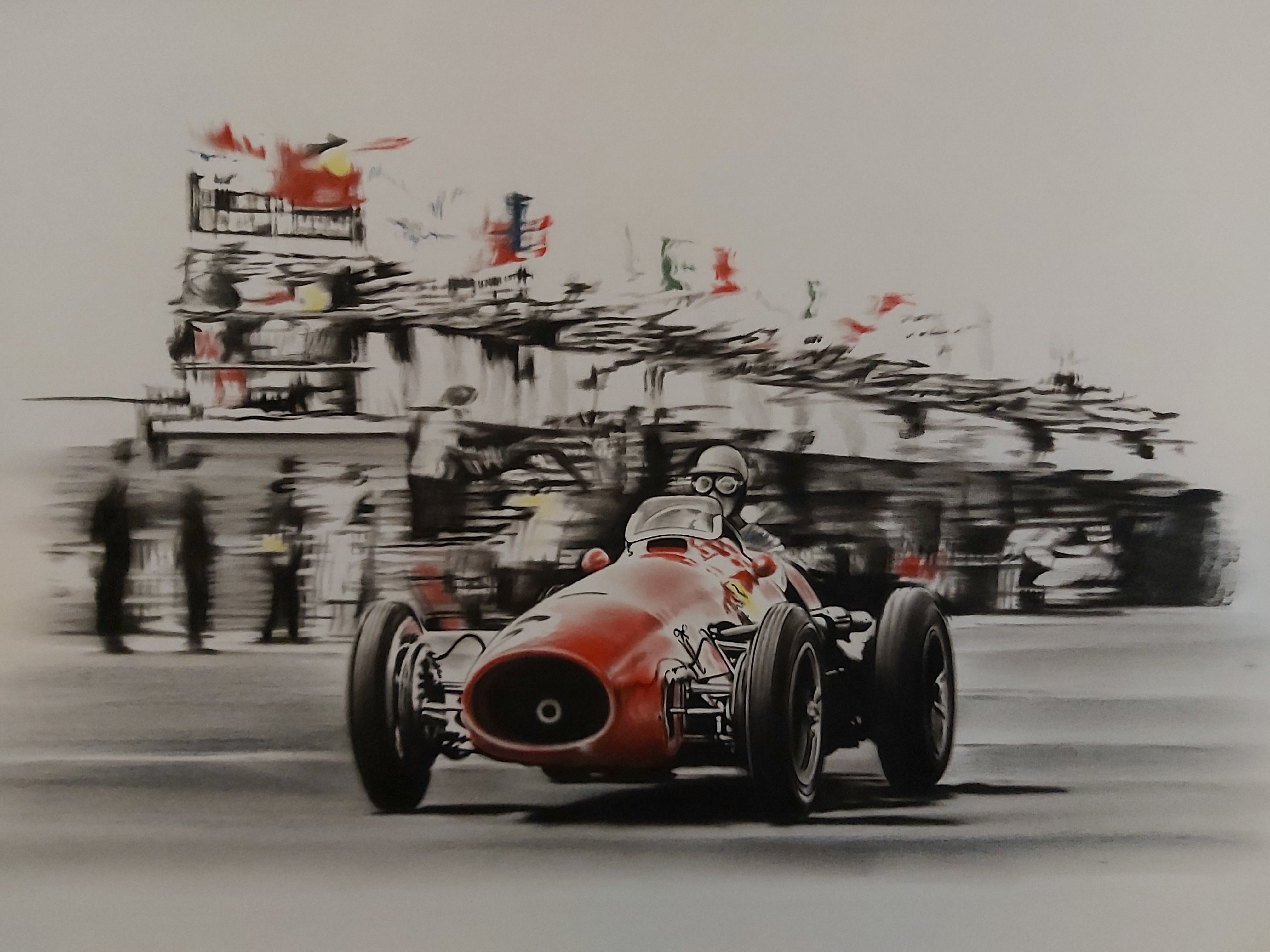 A painting of a vintage, red Maserati 250F Grand Prix car with a driver