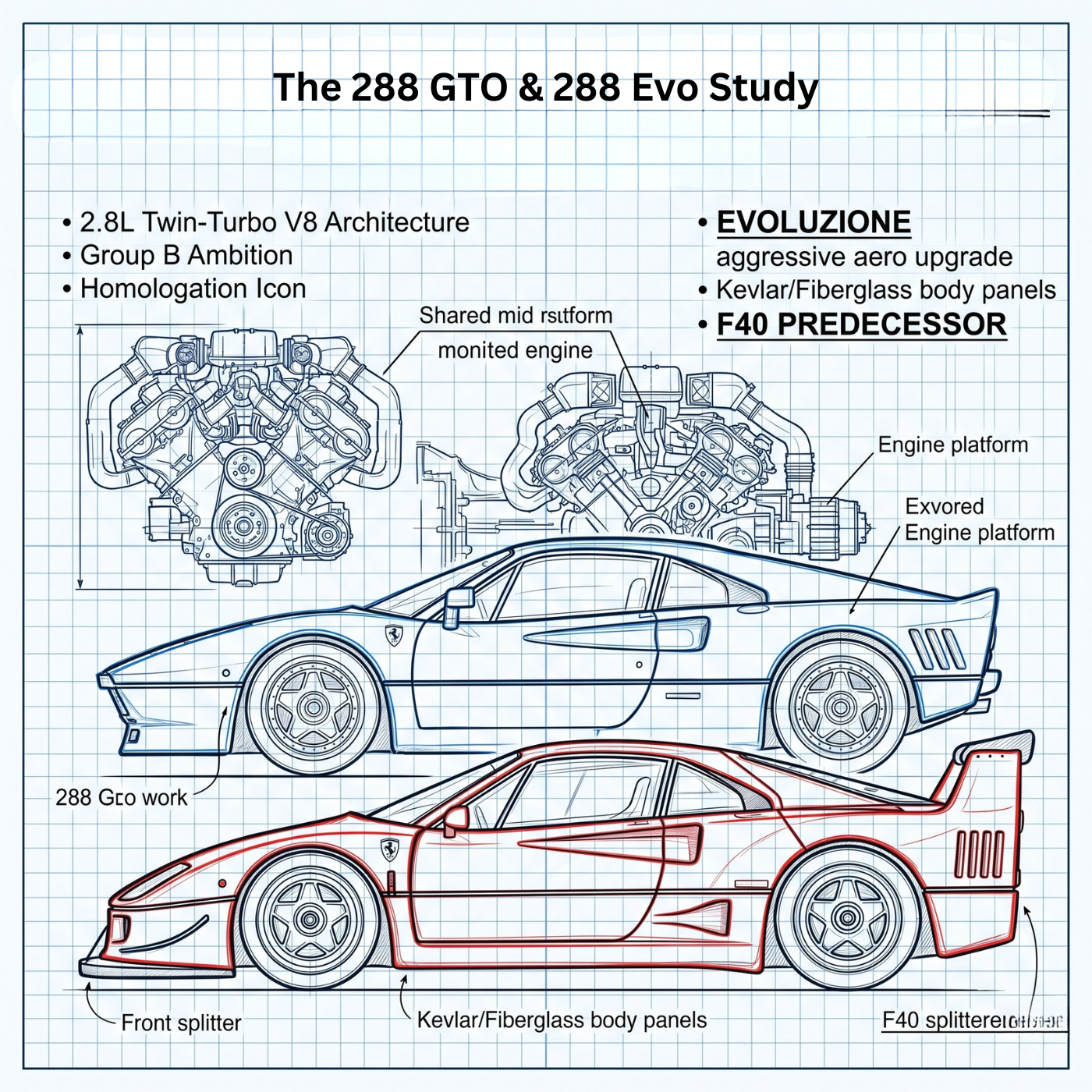 Technical archive study of the Ferrari 288 GTO and 288 Evoluzione