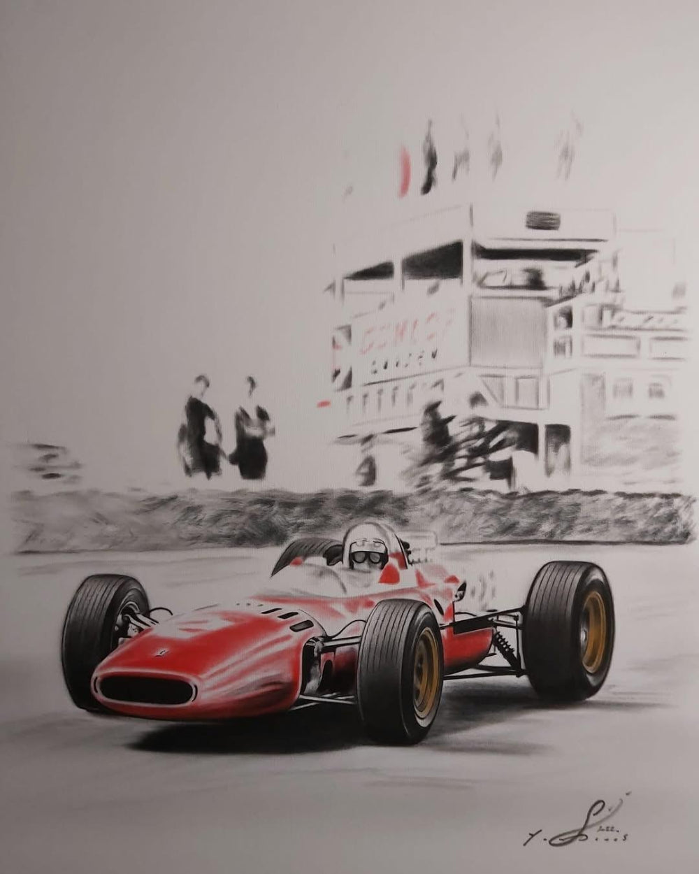 A drawing of a red Ferrari 312 F1 race car