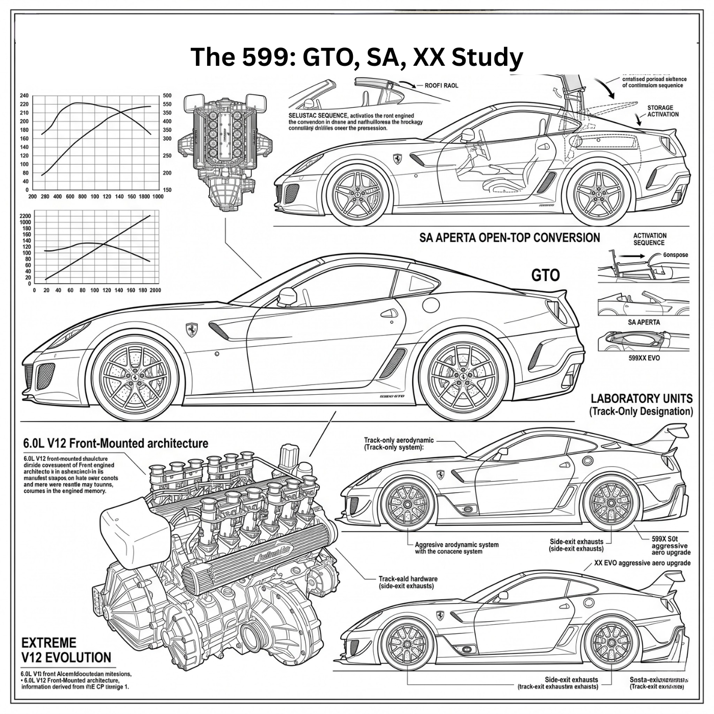 Technical archive study of the Ferrari 599 GTO, SA Aperta, 599XX and 599XX Evo