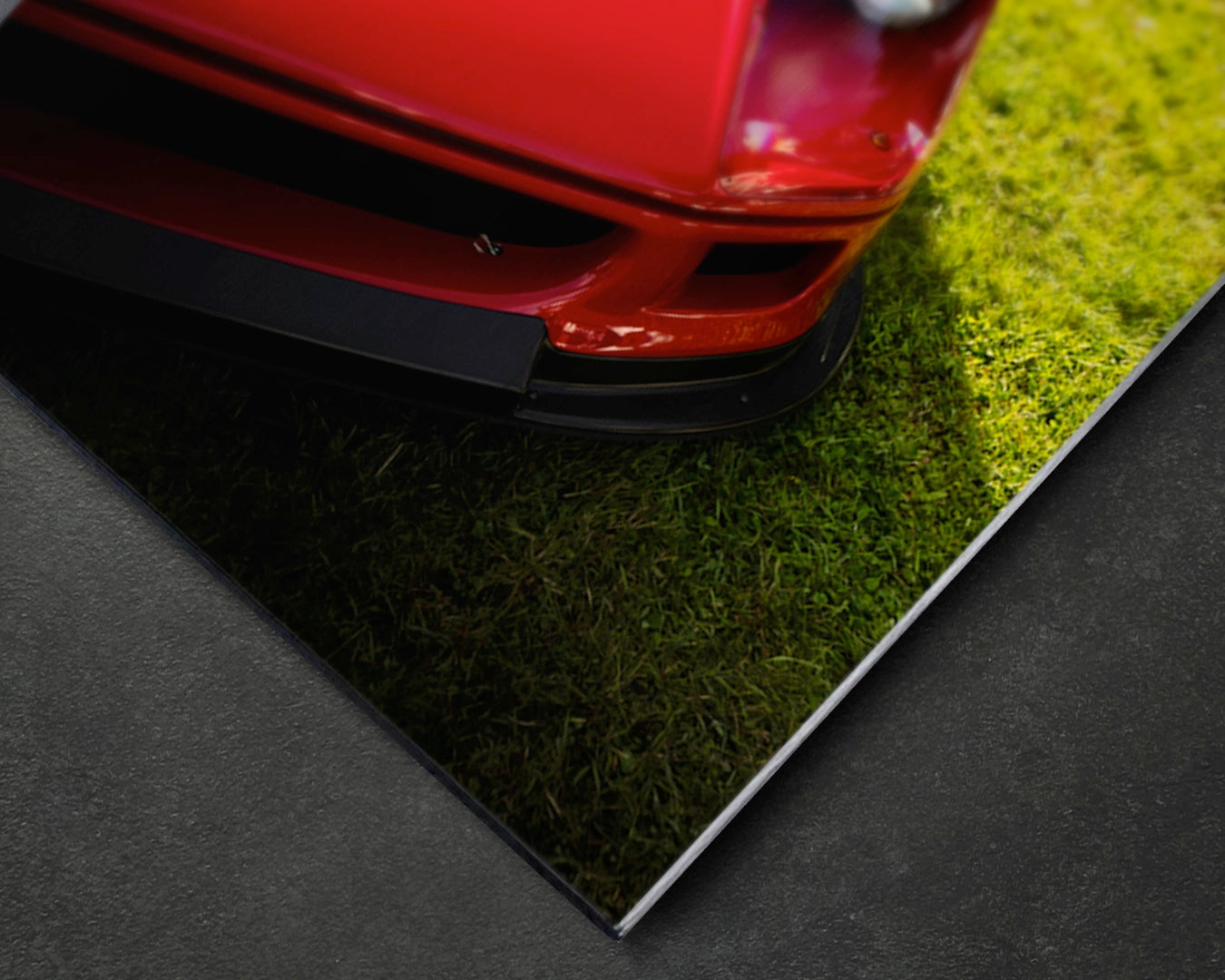 Close-up of Ferrari F40 LM aluminium print showing depth of red on satin aluminium surface