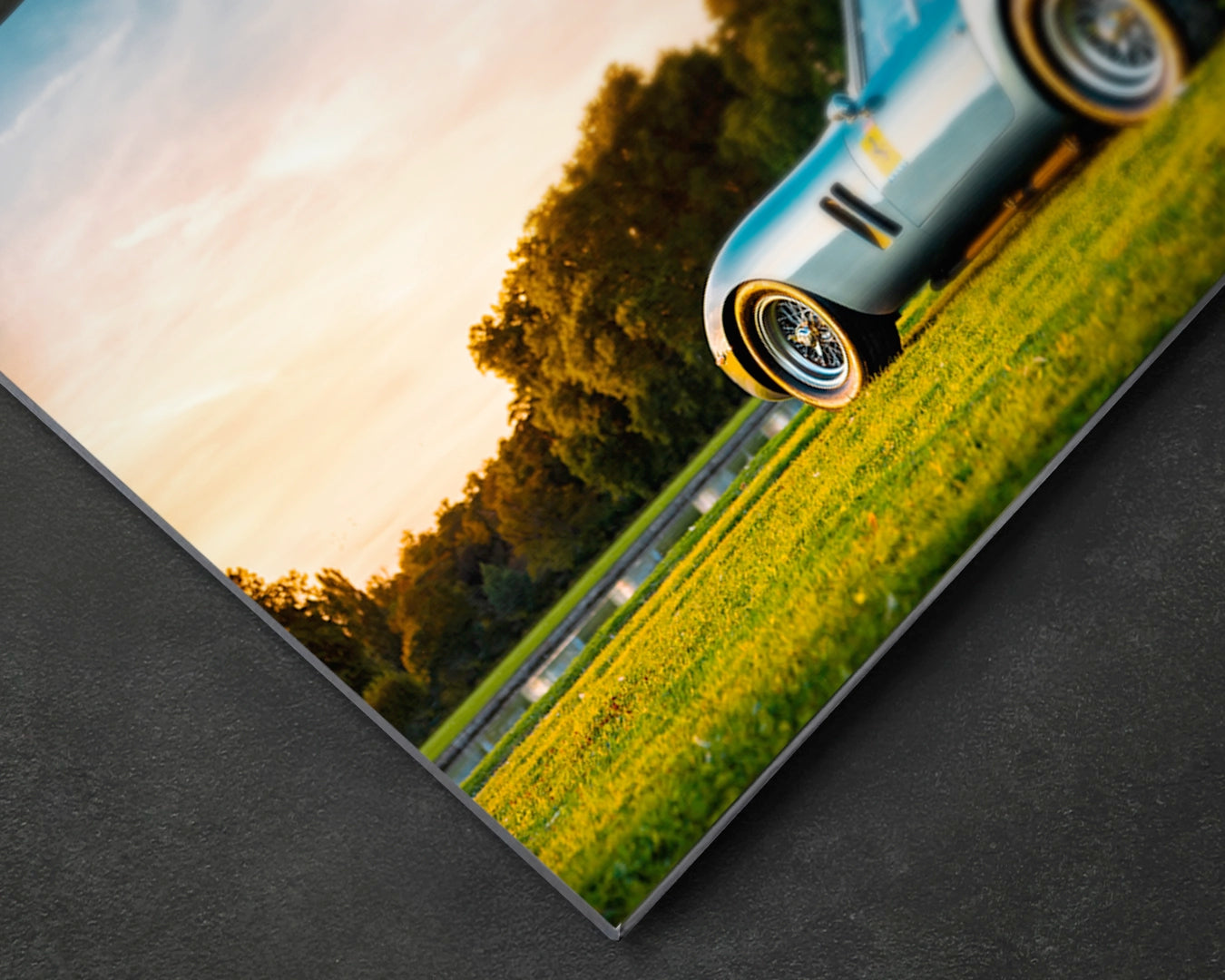 Close-up of Ferrari 250 GTO aluminium print showing colour depth and satin surface finish on 3mm aluminium panel