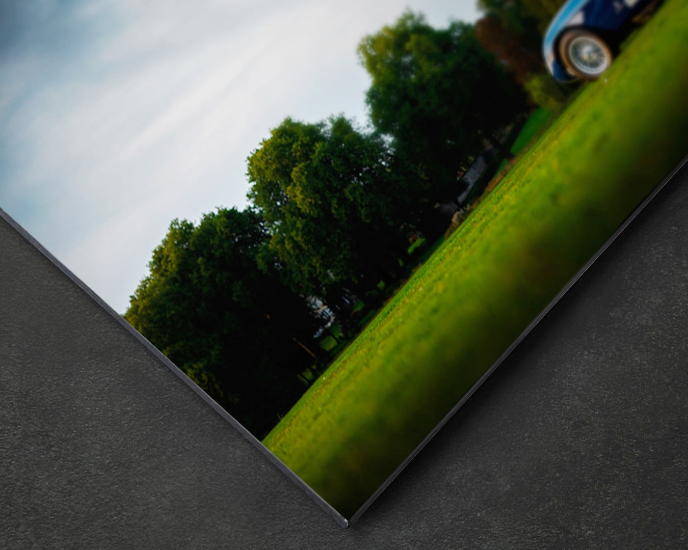 Close-up of Ferrari 500 Mondial aluminium print showing colour depth and satin surface finish on 3mm aluminium panel