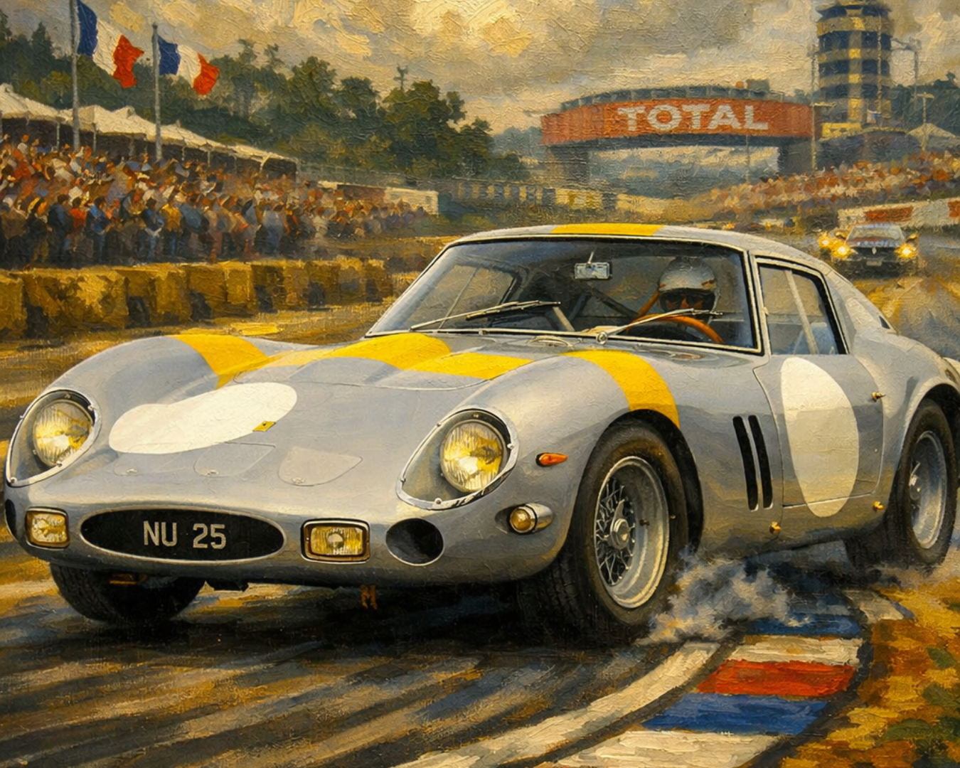 Tour de France 1964:
Ferrari 250 GTO chassis 4153GT Tour de France 1964 Ecurie Francorchamps yellow stripe livery minimalist art print by Invictus Heights