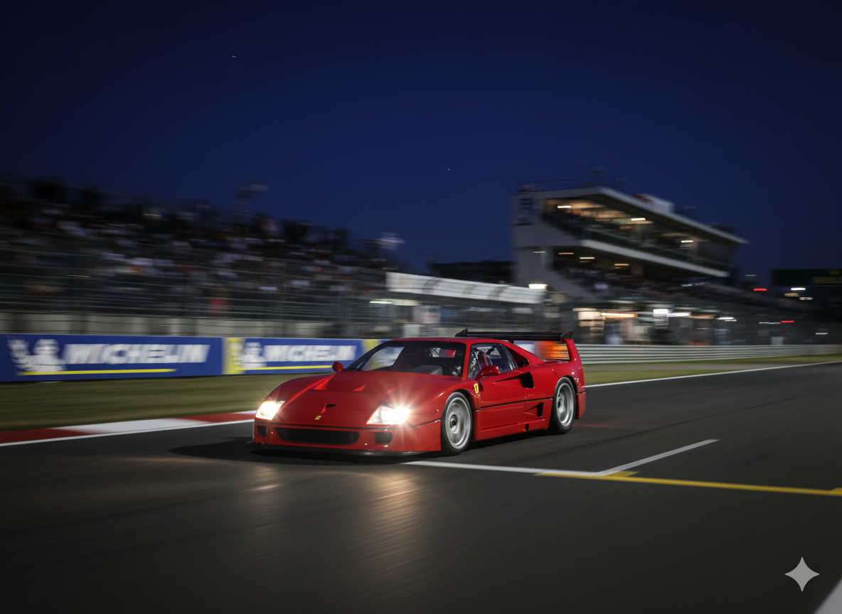 Classic Ferrari F40 driving at night with glowing headlights and a busy race track background